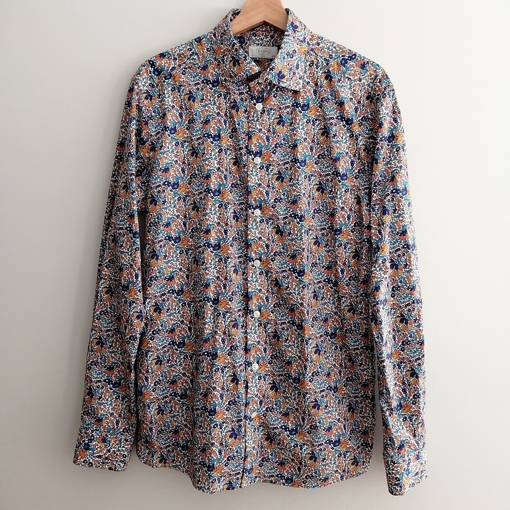 Eton Men's Slim Fit Floral Dress Shirt Orange Blue White 100% Cotton 16.5 Neck